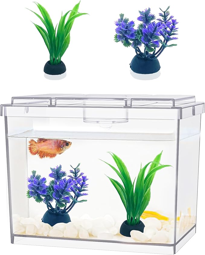 Mini Betta Fish Tank, Small Fish Bowl for Temporary Space, 0.2 Gallon Stackable Cube Tank with Artificial Plants and Gravels for Small Fish, Insect, Shrimp, Crab, Spider. (Pack-1)