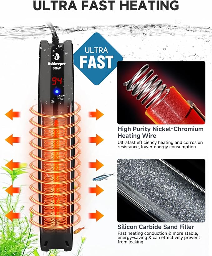 fishkeeper 300W/500W/800W Submersible Aquarium Heater for 40-220 Gal (Run-Dry/Overheat/Low-Temp Protection)(Precision Electronic Smart Thermostat)(Adjustable Temperature) Ultra-Safe Fish Tank Heater