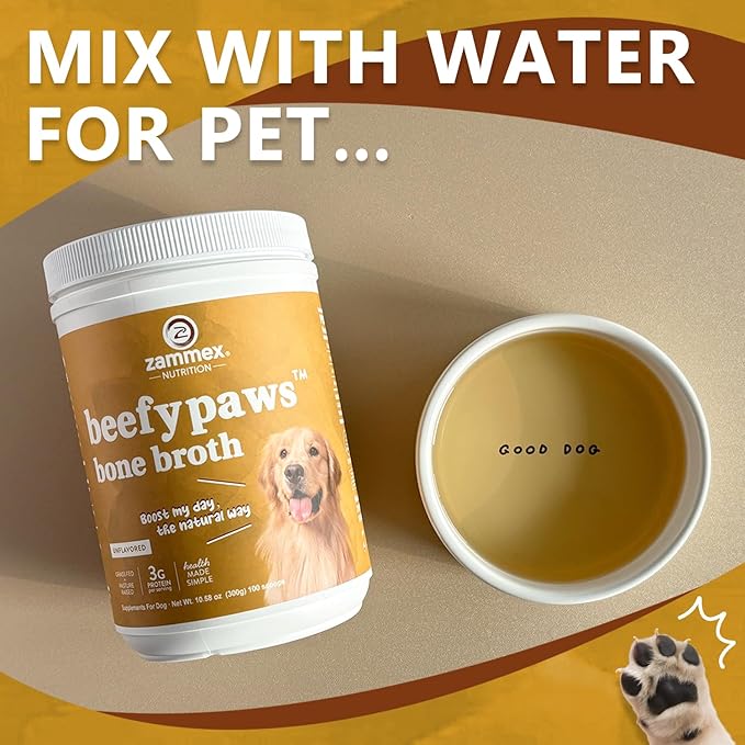 Zammex Grass-Fed Beef Bone Broth Protein Powder for Dogs & Cats - Joint & Bone Support, Healthy Fur Enhancer, Pet Food Topper for Dry & Wet, 10.58oz