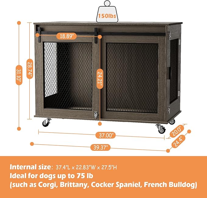 LINLUX 40 Inch Dog Crate Furniture, Wooden Heavy Duty Dog Kennel Indoor, Decorative Dog Cage Table for Large Medium Dogs, with Sliding Doors, Wheels and Flip-top Plate