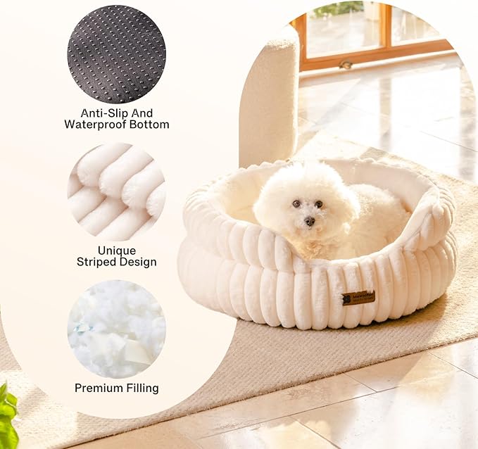 MEWOOFUN Cat Beds for Indoor Cats, Washable Dog Bed for Small Dogs, Round Pet Bed for Puppy and Kitten with Anti-Slip Bottom (Beige, 20"x20"x8")