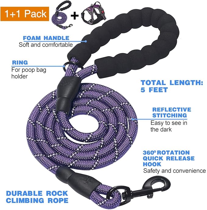No Pull Dog Harness Adjustable Reflective Oxford Easy Control Medium Large Harness with A Free Heavy Duty 5ft Leash (L (Neck: 18"-25.5", Chest: 24.5"-33"), Purple)