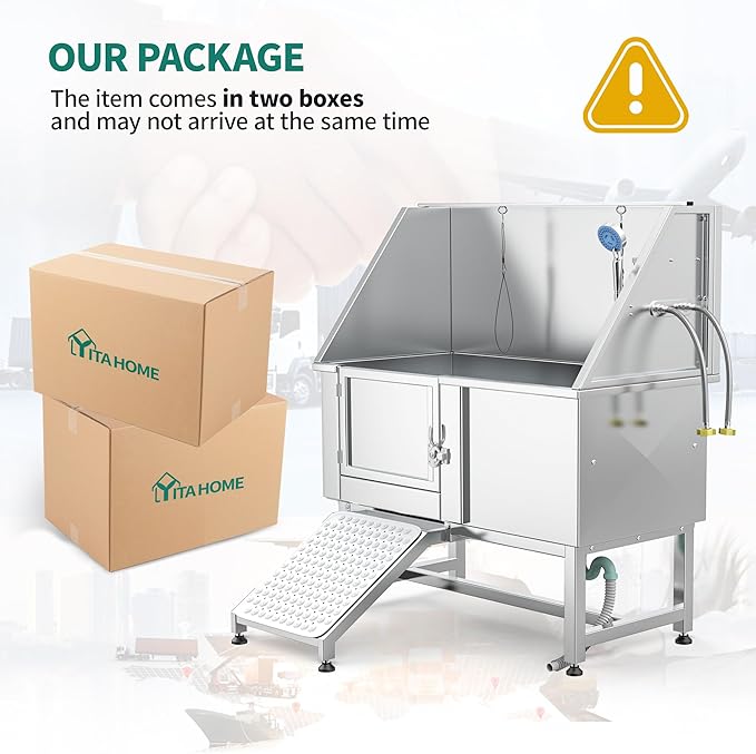 YITAHOME 50in Dog Grooming Tub Bathtub for Home 304 Stainless Steel Professional Dog Bath Washing Station w/Left Ramp, Faucet, Floor Grate for Large, Medium, Small Pets