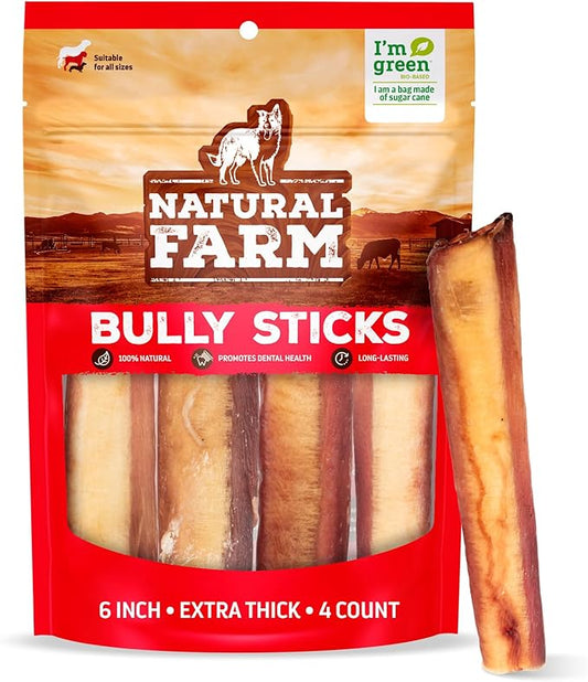Natural Farm Jumbo Bully Sticks (6 Inch, 4 Pack), Odor Free, Extra-Thick Dog Chews - Fully Digestible 100% Beef Treats, Supports Dental Health, Keep Your Dog Busy with 50% Longer Lasting Chews
