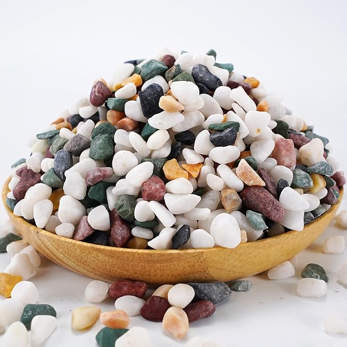 Natural Decorative Pebbles Rocks Polished Tterrarium Gravel White Stones with Red, Green, and Yellow Pastel Accents Mixed Color Aquarium Stones Garden Accessories Top Dressing for Bonsai Potted 2.2lbs