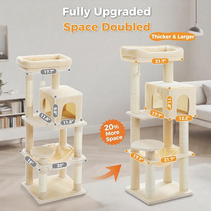 Large Cat Tree with Reinforced Scratching Posts (φ3.1in) for Big Adult Cats 30 lbs, 57.8" Heavy Duty Cat Tower with Larger Hammock and Condo, Cat Furniture for Maine Coon, Plush,Beige