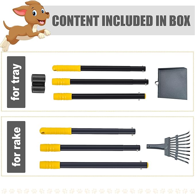 Niubya Pooper Scooper for Dogs, Metal Poop Scooper Tray and Rake Set with Adjustable Long Handle, Dog Pooper Scooper for Pet Waste Removal