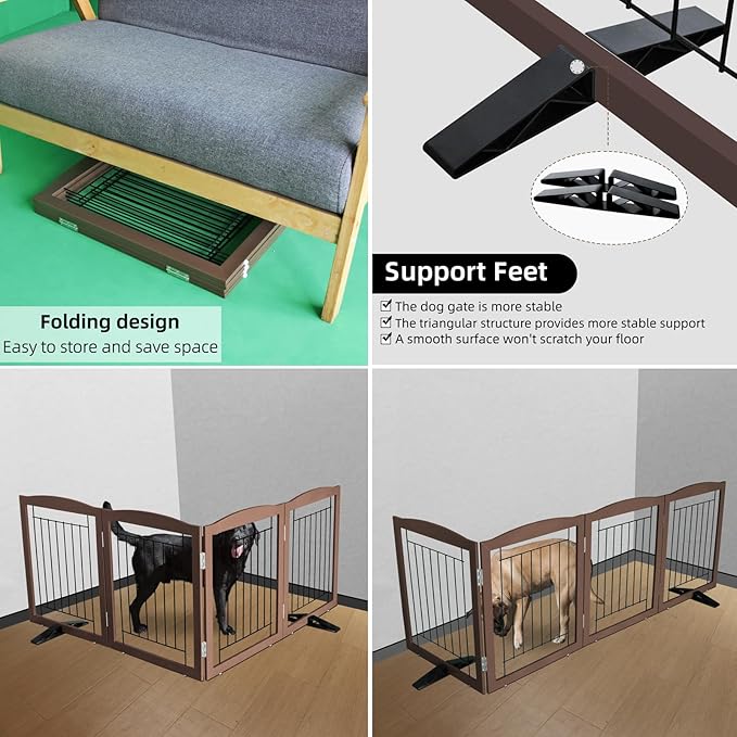 ZJSF Freestanding Dog Fence Indoor, Foldable Dog Gate for Doorways, Stairs or Hallways, Sturdy Wood Extra Wide Pet Gate with Support Feet for The House, Brown, 24 "Height-4 Panels