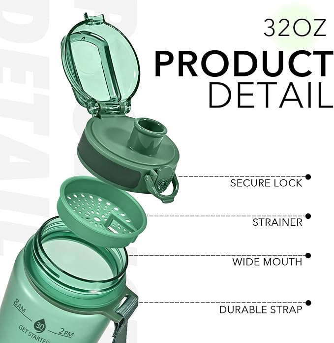 32oz Motivational Water Bottles with Time Marker & Fruit Strainer, Transparent Gradient Color Water Bottle with Times to Drink, Leakproof & BPA Free, Reusable Bottle with Strap (No Straw)