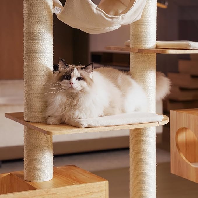 Wood Cat Tree for Indoor Cats, Modern Cat Tower, Unique Cat Condo with House, Tall Luxury Furniture with Heavy Duty Wide Base, Kraft Paper Rope Scratching Post, Removable Cushion (96.5-118.1 inch)