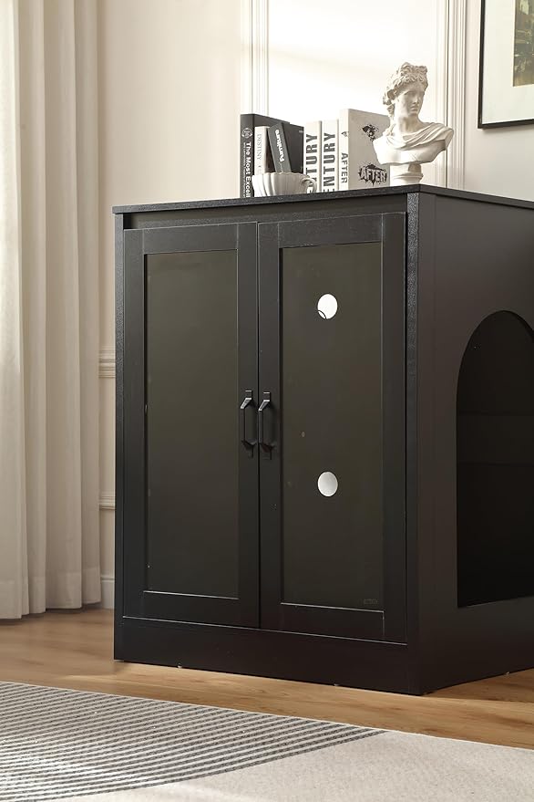 Cat Litter Robot Enclosure with Glass Cat-Observant Doors,Litter Robot Cabinet with Reversible and Optional Entry(Left or Right),Cozy LED for Cats,Power Outlet for More Choice, Black