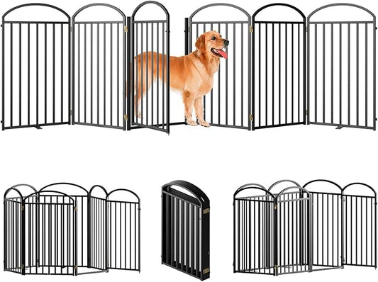 6 Panles Full Matel Freestanding Dog Gates with Door, 144"Extra Wide 36"Tall Free Standing Dog Pet Gate for Indoor & Outdoor. Foldable Pet Fences for Doorways, House, Stairs, Porch, Deck, Yard