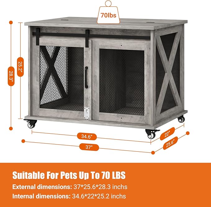 Dog Crate Furniture,37 Inch Indoor Dog Cage with Sliding Barn Door, Flip Top Dog Kennel End Table with Removable Divider, Farmhouse Wooden Pet House for Small to Middle Size Dogs