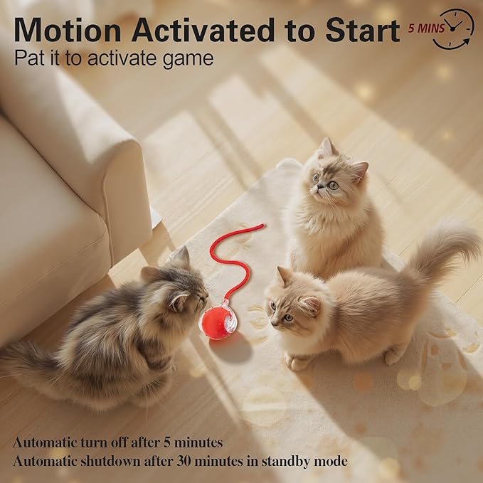 Interactive Cat Toys Ball for Indoor Cats, Automatic Agile Rolling Cat Ball with Elastic Mesh Tail, Bird Chirping & Motion Activated, 2 Tail Accessories, Kitten Toy for Bored (Red)