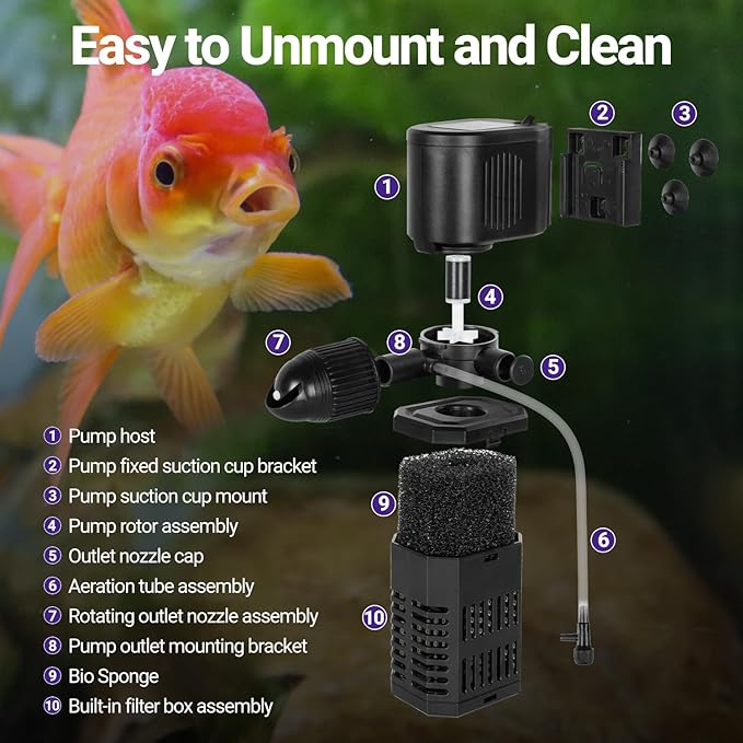 OiiBO 11W Aquarium Internal Filter, 317 GPH Fish Tank With Adjustable Aeration System, 360 Wave-Maker Submersible for 10-50 Gallon Tank - Black