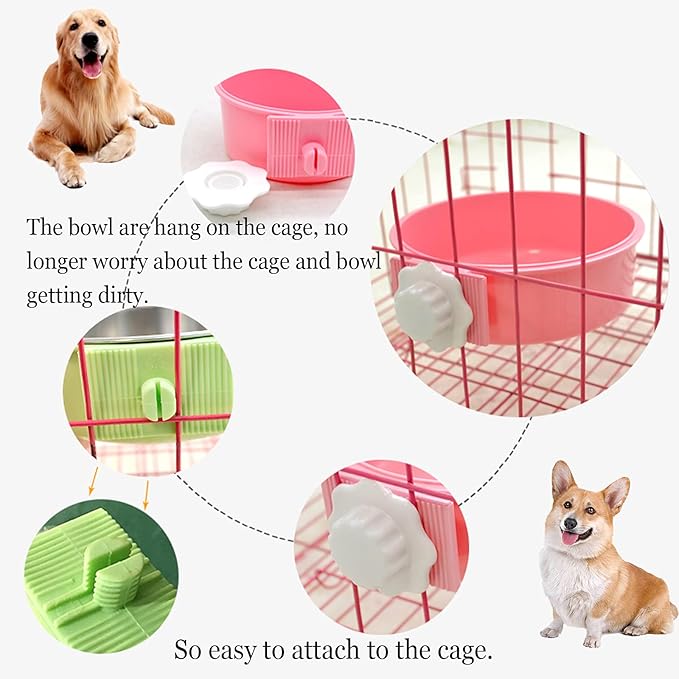 kathson Crate Dog Bowl, Removable Stainless Steel Hanging Pet Cage Bowl Food & Water Feeder Coop Cup for Cat, Puppy, Birds, Rats, Guinea Pigs 2pcs(Green,Pink)