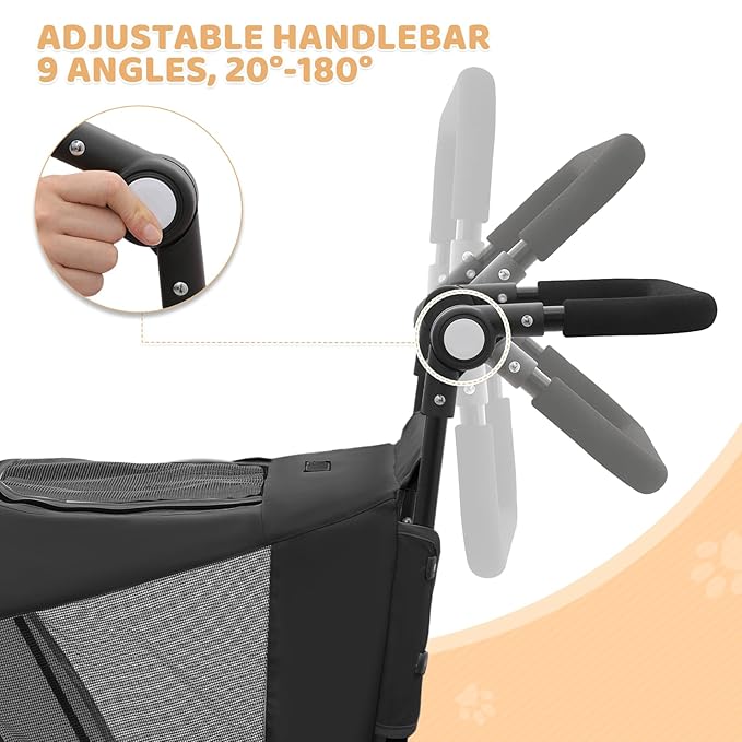 Magshion Pet Stroller for Medium Dogs w/Adjustable Handle, 3-Wheel Dog Cat Wagon w/Dual Entry, Rear Storage, Breathable Mesh, One-Foot Brake, Ideal for Large Pets up to 55 lbs, Black