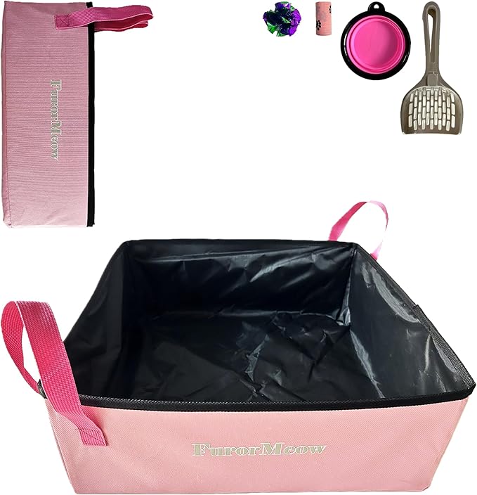 Pink Portable Cat Litter Box, Firm Waterproof Foldable for Travelling for Cats, Including Crinkle Ball, Poop Bags, Foldable Bowl and Scoop, 15.8x15.8x5.9 inches
