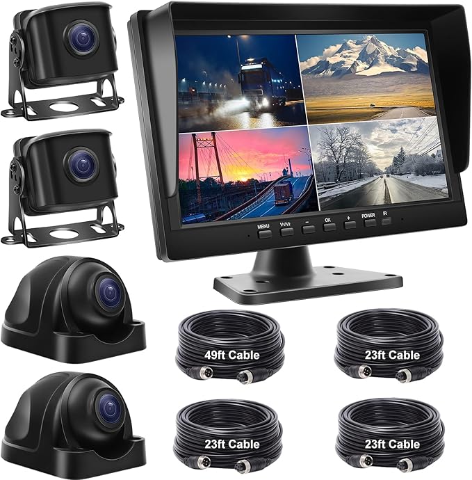 Wired Backup Camera System with 10.1’’ IPS Monitor for Truck RV Trailer Bus, Rear View Camera, with Side Front View Camera, 4 Split Screen, Super Waterproof, Night Vision, Easy Installation AHD1080P