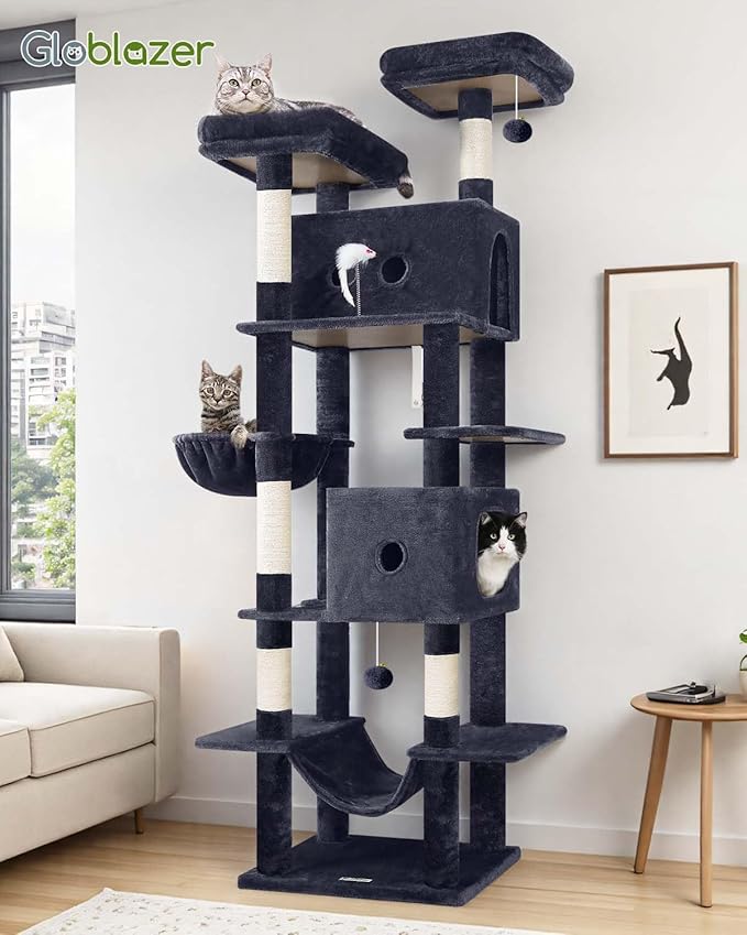Globlazer Large Cat Tree Tower Condo, 80in Tall Cat Tree for Multiple Indoor Cats Large Adult, XXL Big Cat Climbing Tower with Cat Caves, Sisal Scratching Posts, Top Perches, Hammock, S80B, Dark Gray