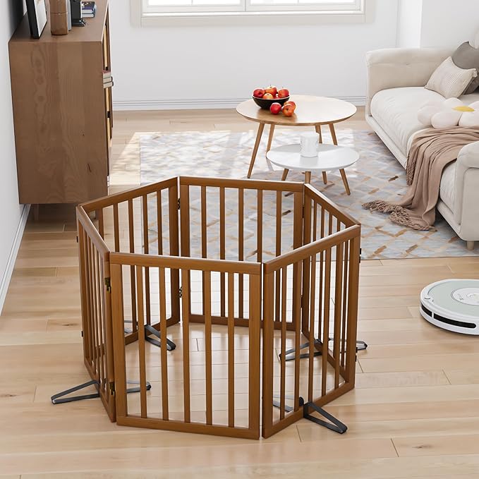 Freestanding Pet Gate Foldable Dog Gate (110 inches Wide) Walnut Bamboo Dog Gates for Stair Doorways House Puppy Fences Indoor (4 Support Feet Included)