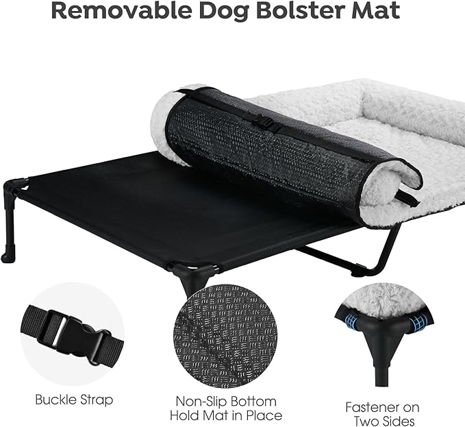 Veehoo Cooling Elevated Dog Bed Add Removable Deluxe Rose Plush Bolster Cushion Mat, 53" x 33" Washable Dog Couch Bed, Raised Pet Cot with Breathable Teslin Mesh, No-Slip Feet, Grey, CWC2439B