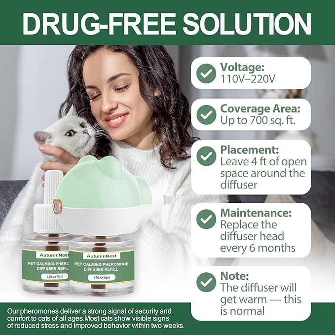 Cat Calming Diffuser Kit with 2 Plug-in & 4 Refills, Pheromone Diffuser for Cats Reducing Fighting, Scratching, Urine, Aggression, Anxiety, Fireworks, Vet Visits, Travel, 120 Day Supply, Safe Formula