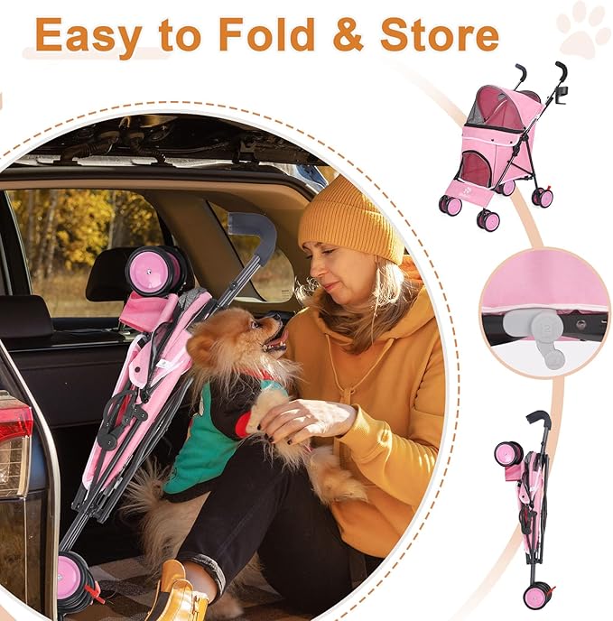 Umbrella Dog Stroller, 4 Wheels Pet Strolling, Foldable Carrier Pet Stroller for Small Dogs Cats, with Carrying Strap and Cup Holder, Dog Poop Bags & Dispenser, Up to 33 lbs, Pink