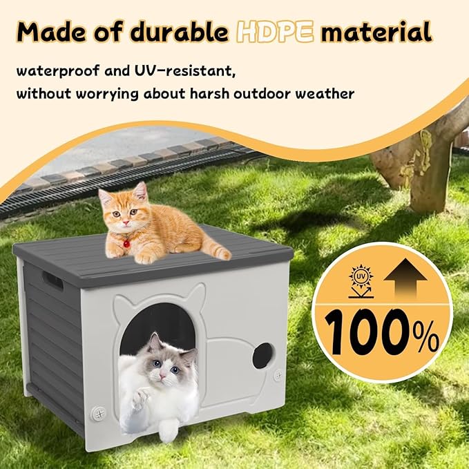 Plastic Outdoor Cat House Waterproof Feral Cat Shelter(Gray)