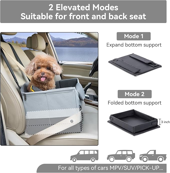 A4Pet Dog Car Seats for Small Dogs, Booster Car Seat with Patent Buckles & Clip-On Safety Leash, Pet Seat for Puppy Small Dogs Cats Under 25 Lbs, Grey