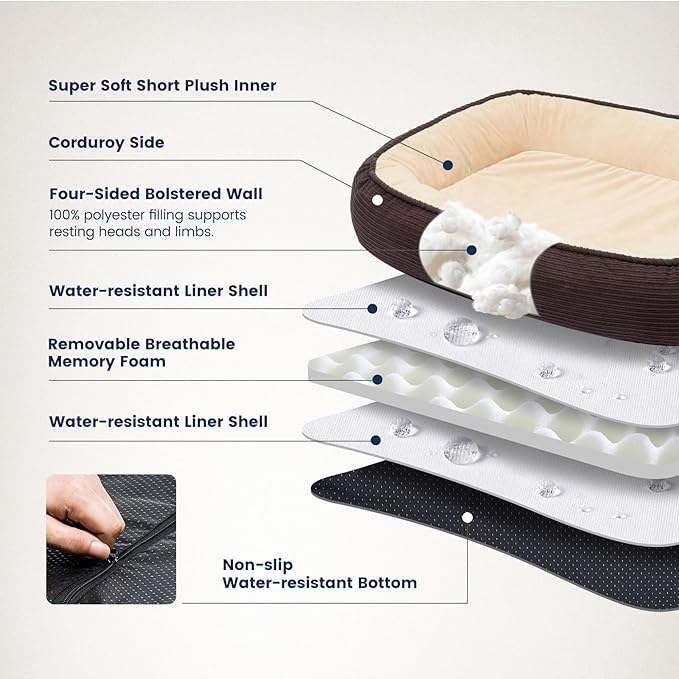 Orthopedic Dog Bed Small Washable, Egg Crate Foam Cat Bed for Senior Cat,Oval Kennel Bed, Pet Couch Bed with Four Sided Bolster, Removable Washable Cover Non-Slip Bottom, Brown