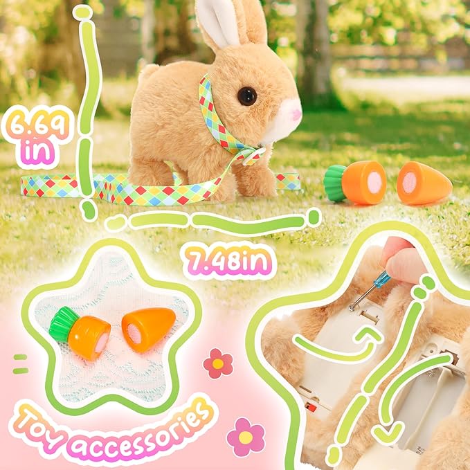 Tagitary Plush Toys Bunny Electronic Toy with Sounds,Wiggling Ears,Hopping,Twitching Mouth and Nose, Interactive Rabbit Toy for Kids with Leash,Easter Birthday Gift for Toddlers Kids