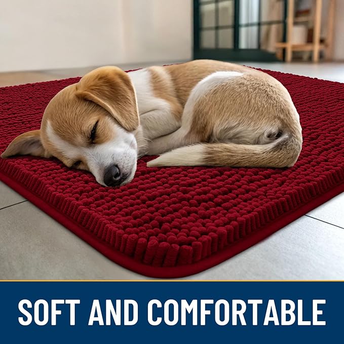 Smiry Dog Door Mat for Muddy Paws 30x20, Absorbs Moisture and Dirt Doormat, Non-Slip Washable Quick Dry Chenille Front Door Mat Indoor Entrance, Entryway Carpet for Inside Floor, Red