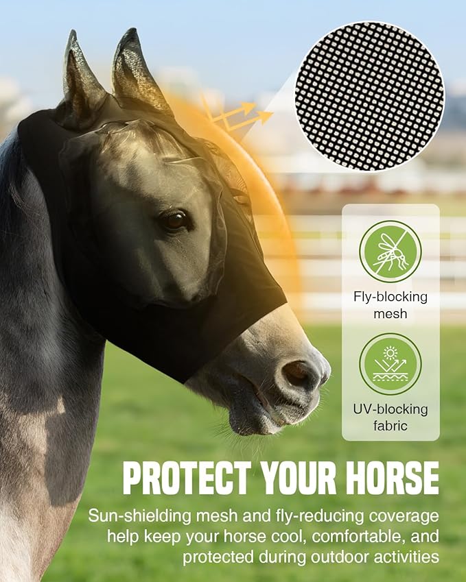 JWODVNTH Fly Masks for Horses with Ears - Large Eye Space, Comfort, UV-Block - Horse Fly Mask for Daily Stable, Hot Weather Riding, and Competition - Full, Black