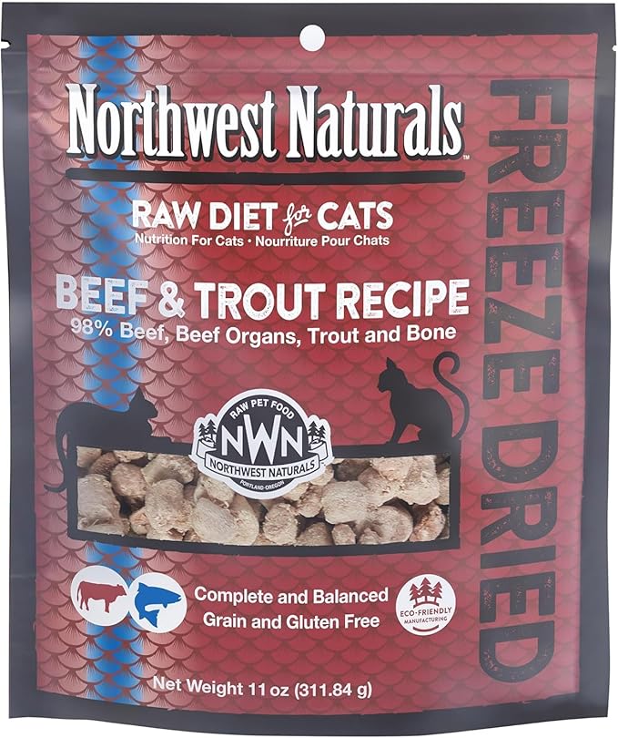 Northwest Naturals Freeze-Dried Beef & Trout Cat & Kitten Food, Bite-Sized Nibbles, Healthy, Limited, Human-Grade Ingredients, All-Natural, High-Protein Raw Diet, Complete & Balanced, Grain-Free 11 oz