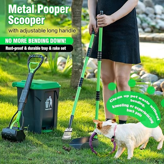 MXF Pooper Scooper Set - 28" Dog Pooper Scooper & Long Handle Stainless Metal Tray&Rake, 15 Litre Step Dog Poop Trash Can w/Removable Inner Bucket, 20 Waste Bags for Outdoors