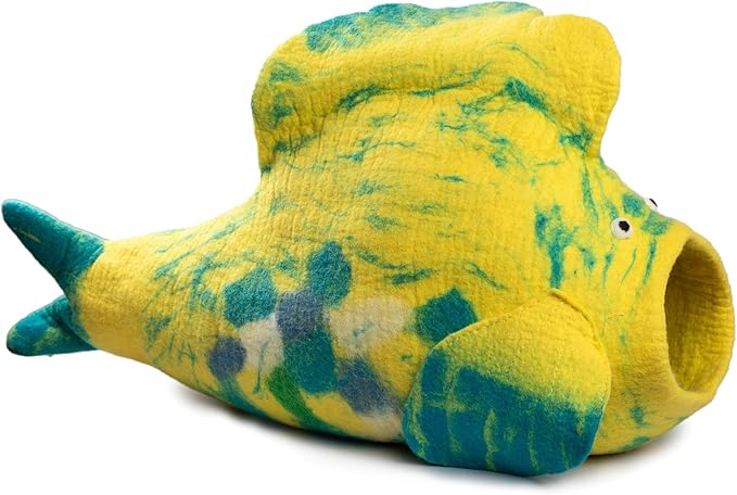 Luxurious Eco-Friendly Merino Wool Cat Cave Bed Fish Design - Foldable Hideaway Pod for Indoor Cats - Premium Felt Kitten Beds - Covered Cat House for Ultimate Cozy Comfort by Woolygon