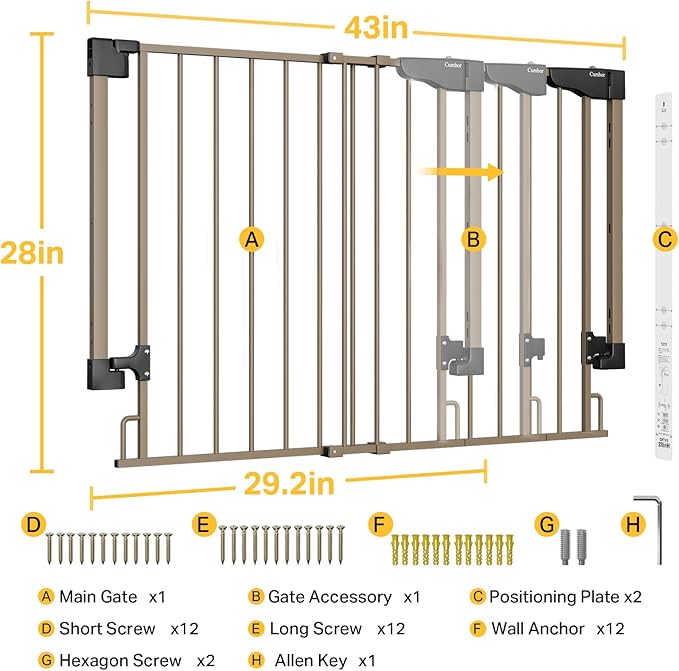 Cumbor 29.2-43" No Bottom Bar Baby Gate for Stairs, 2-in-1 Hardware Mounted Dog Gate Indoor, Pet Gate for Doorways with Large Walk Thru Door, Child-Proof Safety Gate for Top & Bottom of Stairs (Brown)