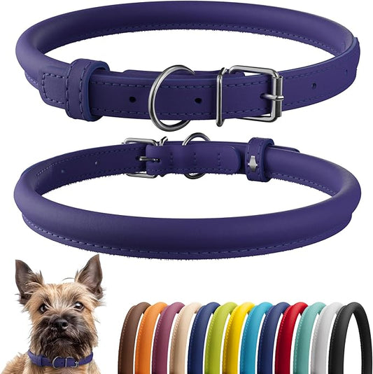 CollarDirect Rolled Leather Dog Collar, Soft Padded Round Puppy Collar, Handmade Genuine Leather Collar Dog Small Large Cat Collars 13 Colors (8-11 Inch, Purple Smooth)