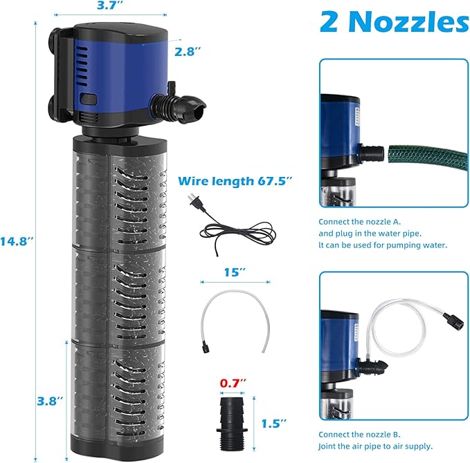 Pond Pump 660GPH Filtration, Sump Submersible Water Pump w/Sponge Filter, 8ft. High Lift, Quiet for Aquarium Hydroponics, Dry Burning Protection