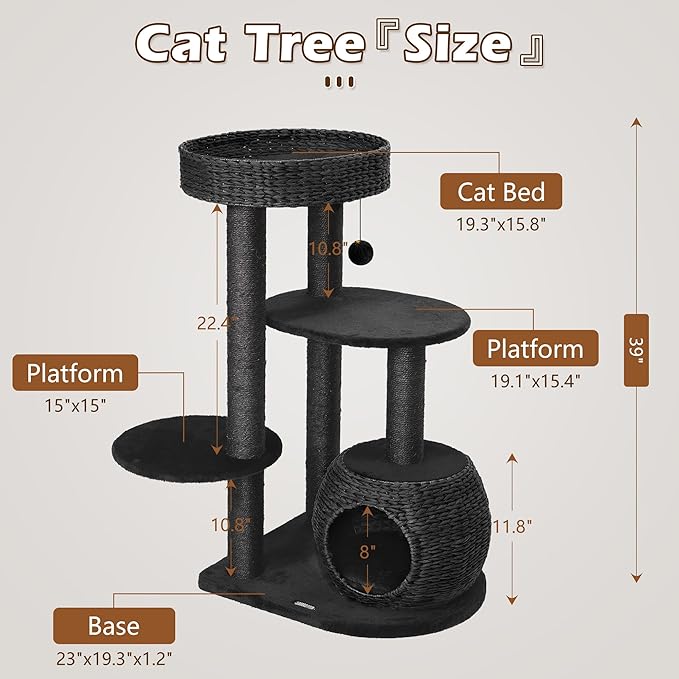 KAMABOKO Modern Cat Tree, 39" Tall Cat Tree Black for Kittens Climb Play & Rest, Cat Trees for Indoor Cats w/Natural Sisal Scratching Posts, Hand-Woven Condo & Top Perch
