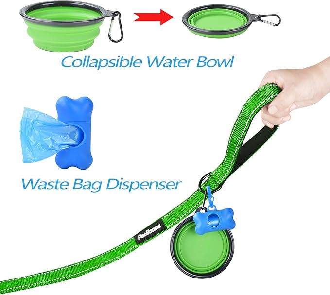 PetBonus Double Dog Leash, No Tangle Dual Leash, Reflective Walking Training Lead, 4 Comfortable Padded Handles for 2 Dogs with Collapsible Bowl and Waste Bags (Grass Green, Large)
