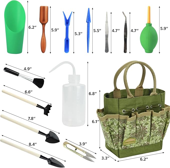 Succulent Tools Kit with Organizer Bag- 13Pcs Indoor Gardening Tools |Mini Succulent Hand Tools with Tote, Succulent Transplanting Supplies, Present for Gardeners Plant Care (Honeysuck)
