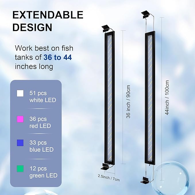 Led Aquarium Light, Full Spectrum Fish Tank Lights, 40 Gallon Freshwater Fishtank Hood Lighting for Grow Fish, Plants, Adjustable from 36 to 44 Inch