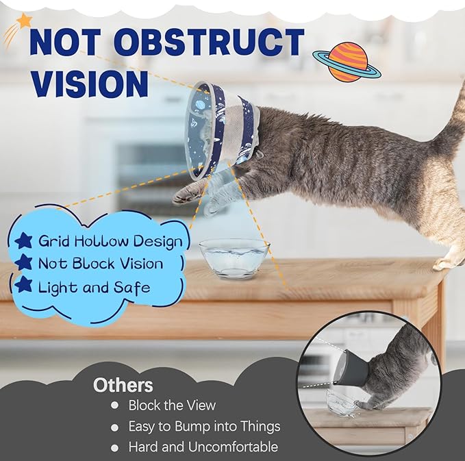 Breathable Air Mesh Cat Cone Collar Soft - Adjustable Recovery Collar to Stop Licking After Surgery, Foldable Lightweight E-Collar for Cats & Kittens (Sky Star, S)