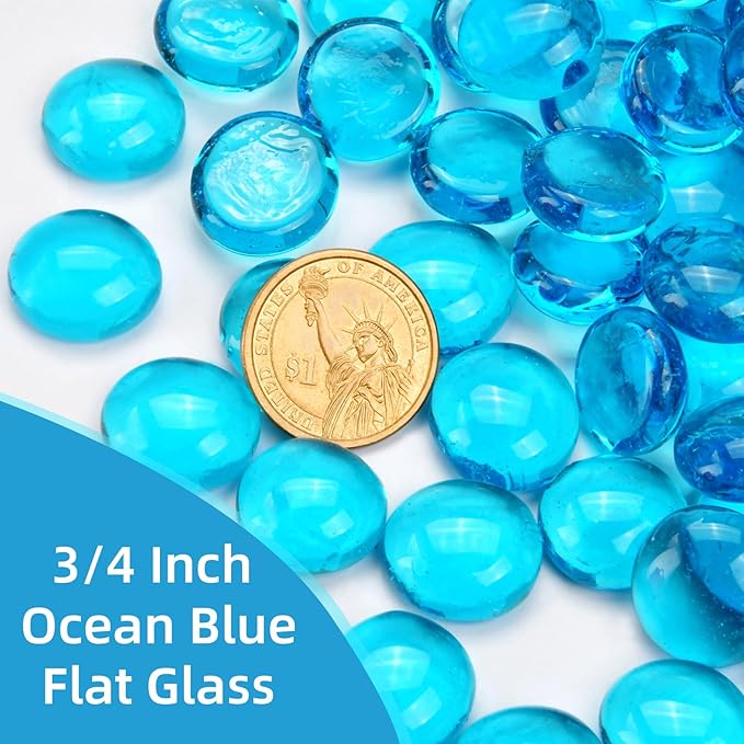 2LB Ocean Blue Flat Glass Marbles for Vases, Gemstone Beads Vase Filler Decorative Glass Pebbles for Fish Tank, DIY Crafts, Aquarium Decor Rocks
