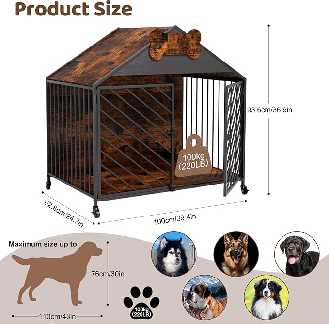 Heavy Duty Dog Crate Furniture for Large Breed - 39.4" Chew-Proof Kennel with Gable Roof, Double Door Escape-Proof Indoor Dog Cage, Rustic Brown