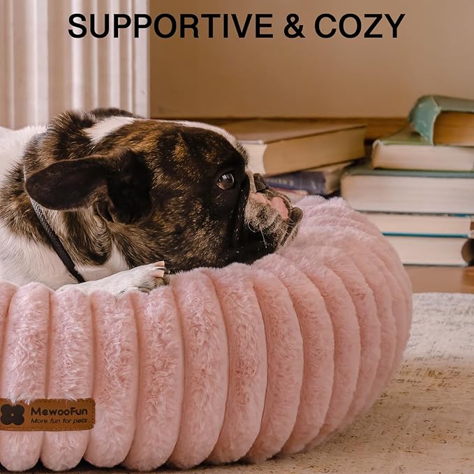 MEWOOFUN Donut Dog Beds for Small Dog, Calming Bed Round Cute Puppy Bed with Non-Slip Bottom, Fluffy Washable Pet Bed for Puppy and Kitten (Pink, M (30x30x8))