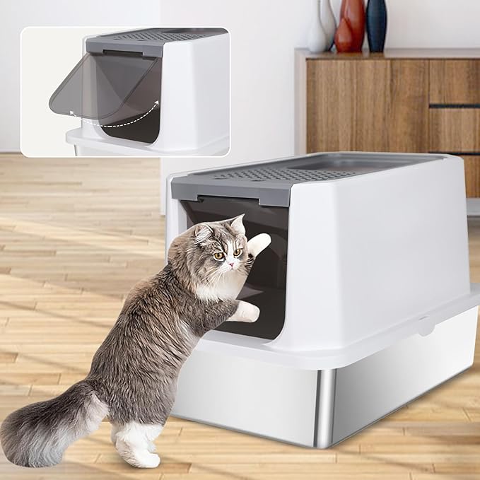 RIZZARI Stainless Steel Cat Litter Box, Odorless Enclosed Litter Box with Top Holes, Large Litter Pan for Small to Large Sized Cats (Dark Gray, 23.8" L*15.9" W*16.1" H)