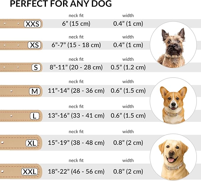 CollarDirect Rolled Leather Dog Collar, Soft Padded Round Puppy Collar, Handmade Genuine Leather Collar Dog Small Large Cat Collars 13 Colors (18-22 Inch, Beige Textured)